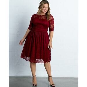 Kiyonna Dress Red Luna Lace 1X Scalloped Feminine Fit + Flare Party Colorful
